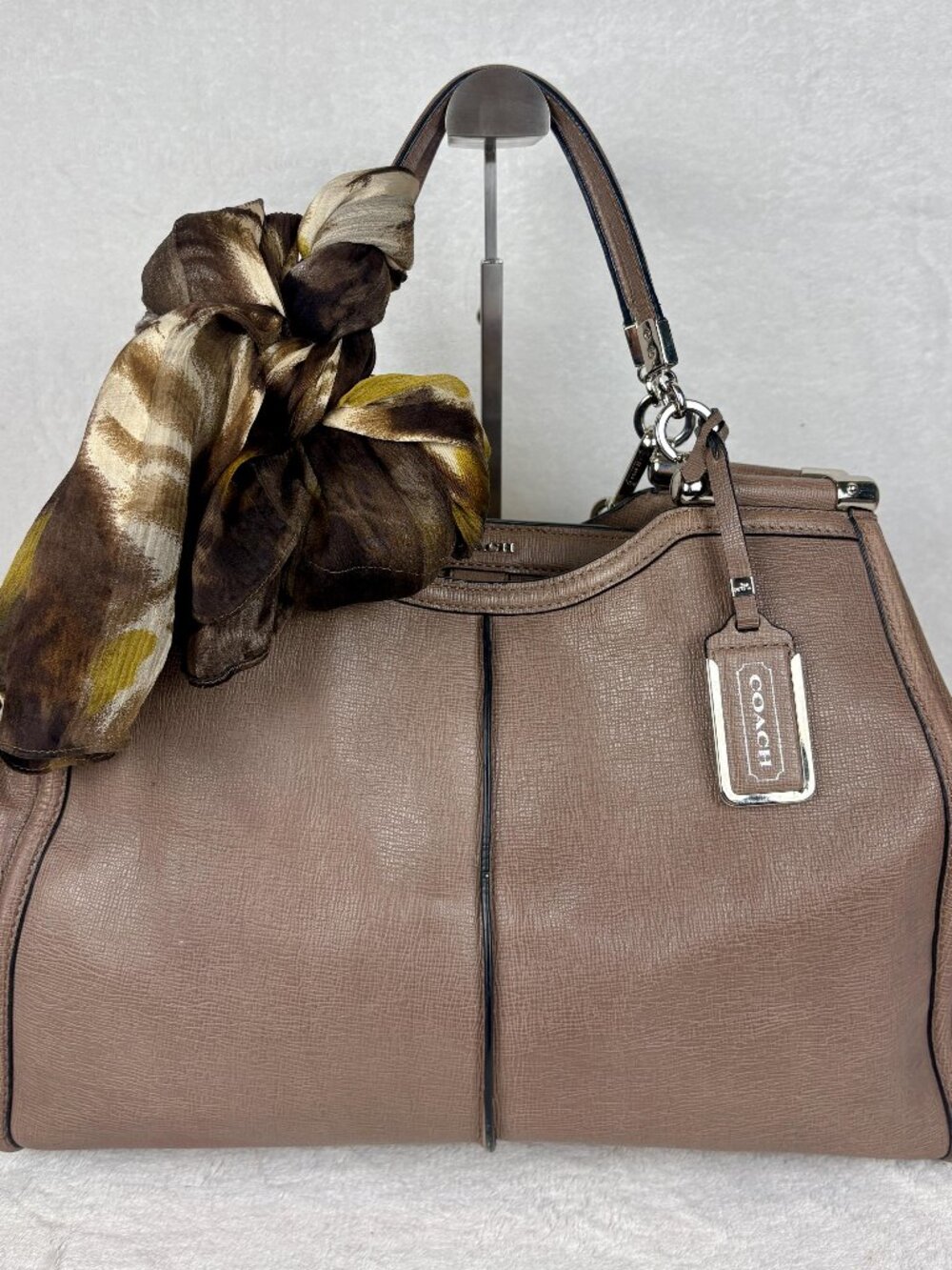 Coach Madison Caroline Top Frame Satchel in Taupe with Scarf